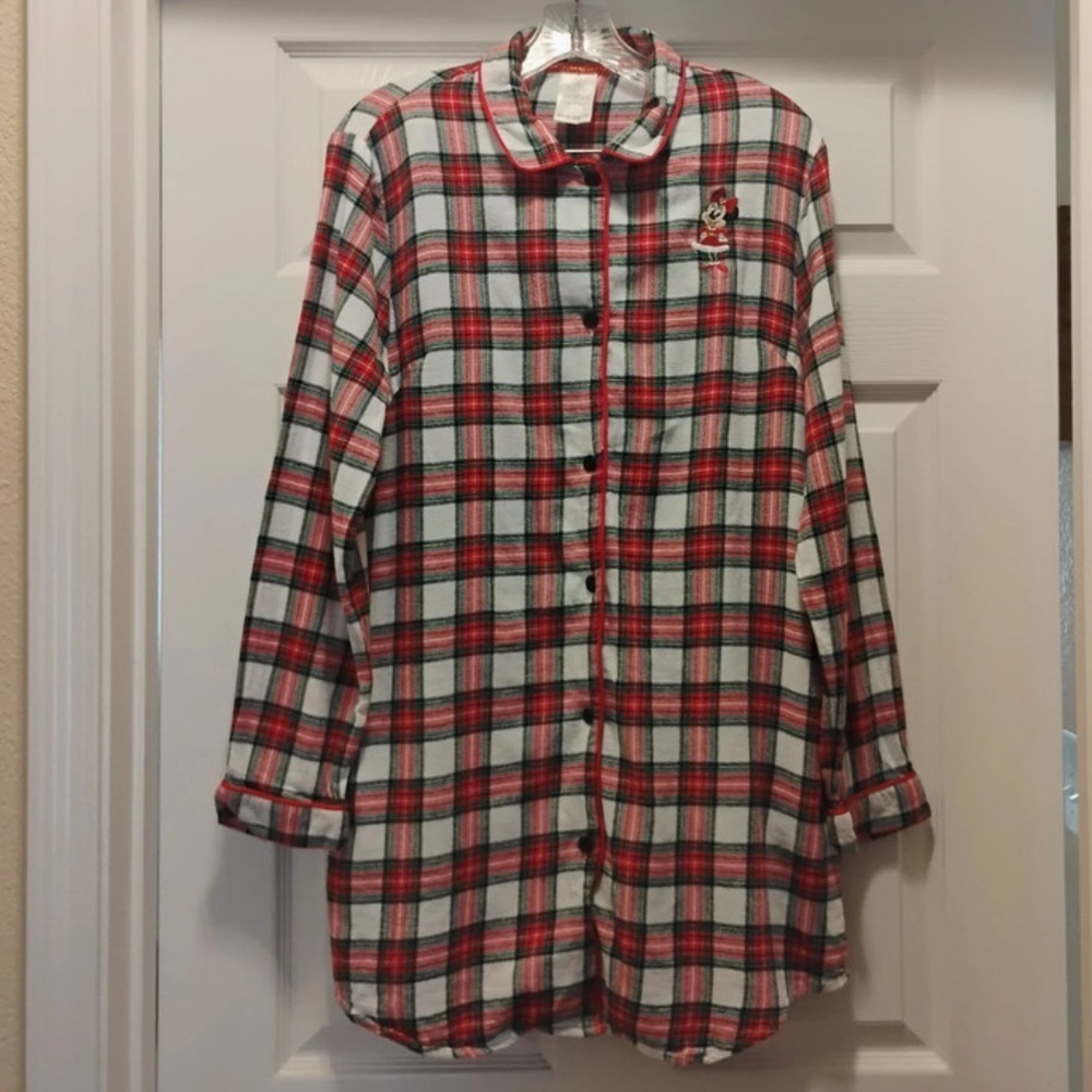 Disney Minnie Mouse Red Plaid Flannel Sleep Shirt Size S